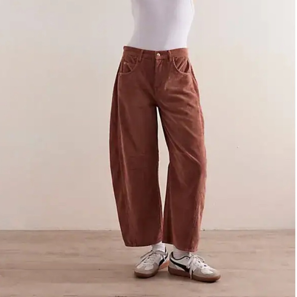 Free People Wide Leg Corduroy Pants in Rust Brown